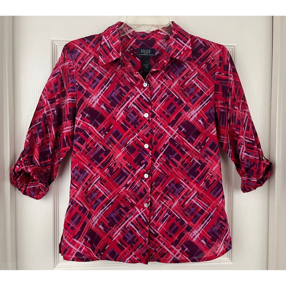 CRAZY HORSE - Red & Purple 3/4 Roll Tab Sleeve Cotton Button-Up Blouse size 6